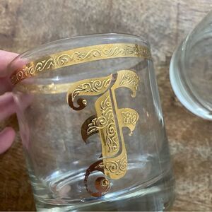 Vintage mid century Culver heavy gold gilt lowball cocktail glasses letter F
